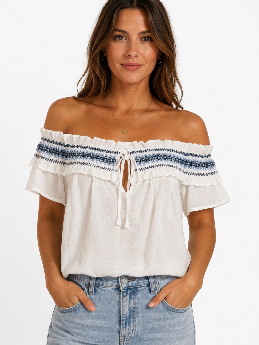 NWT Blu Pepper White Off the Shoulder with Blue Embroidery